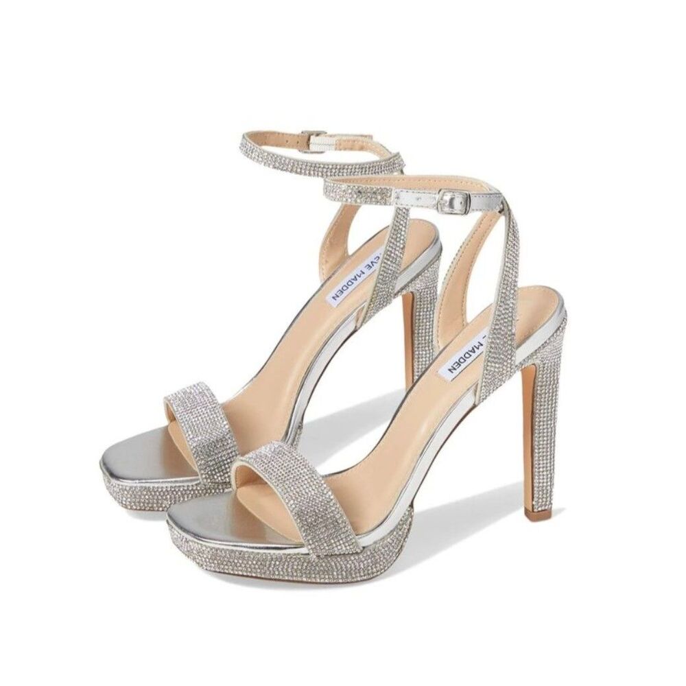 Steve Madden Silver Sparkly Rhinestone Strappy Platform Heels Sz 10 Barbiecore
